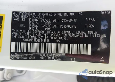 2016 Toyota Highlander Xle V6 z USA, uszkodzony, nr VIN 5TDKKRFH6GS148598